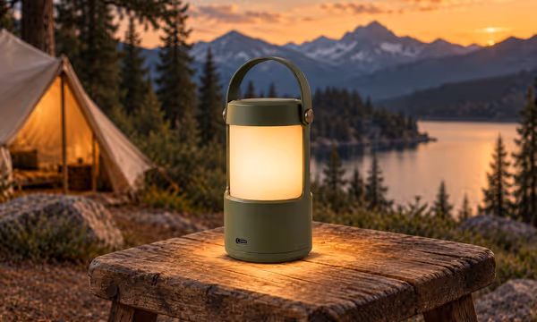 Trail Lantern lighting a lakeside campsite at sunset