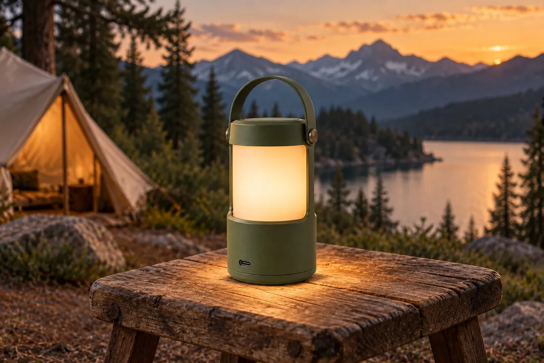 Olive rechargeable lantern glowing on a wooden stool at a mountain campsite at dusk