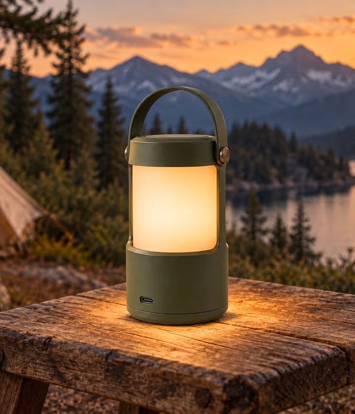 Warm lantern light at an outdoor campsite