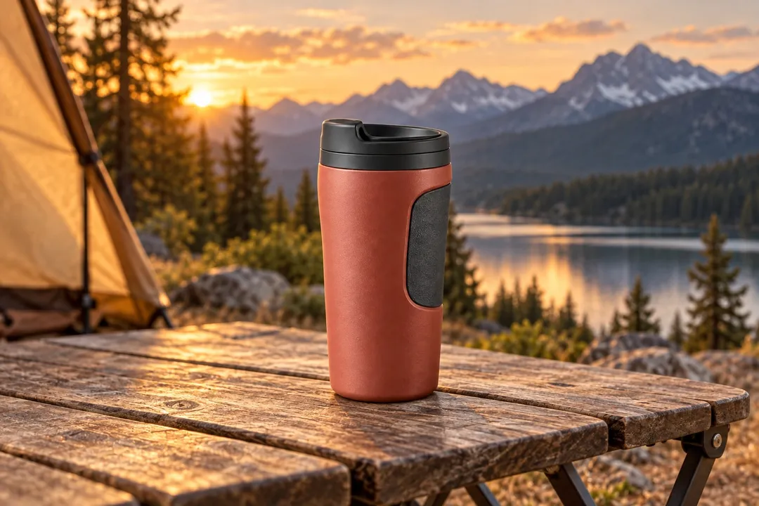 Terracotta travel mug on a wooden table at a lakeside campsite