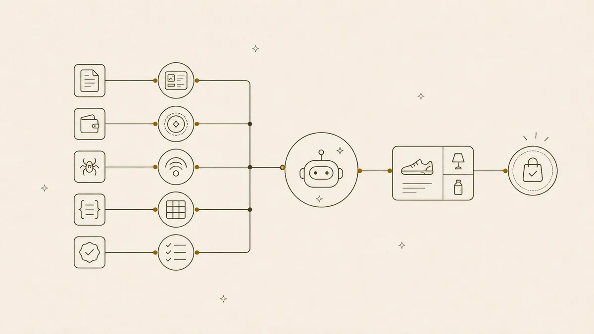 Line illustration of agentic commerce protocol layers flowing through an AI shopping agent into a checkout outcome