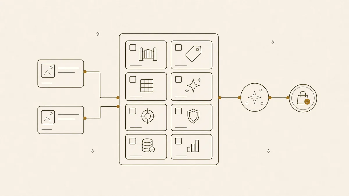 Line illustration of an eight-tile agentic commerce readiness board connecting product cards to an AI recommendation output