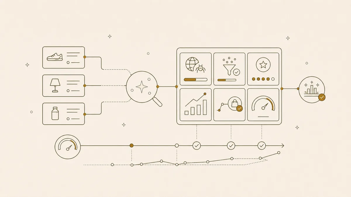 Line illustration of product signals flowing through an AI lens into an agentic commerce metrics dashboard
