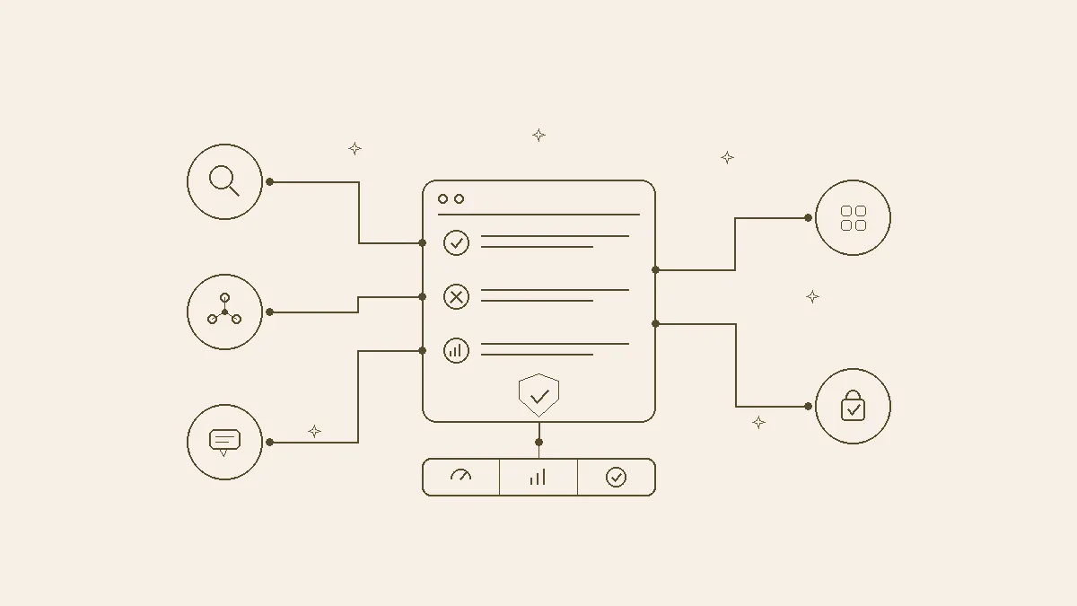 Line illustration of AI crawler nodes passing through a governance rule panel toward catalog and recommendation outputs