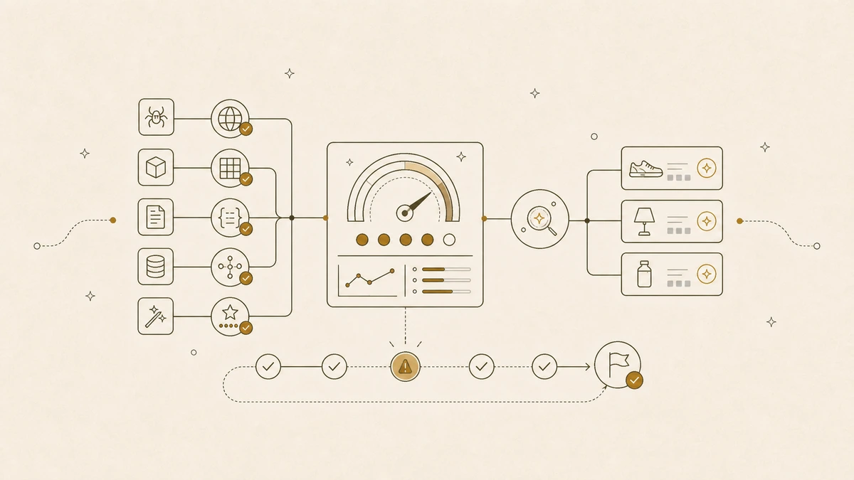 Line illustration of product cards feeding an AI Health Score dashboard with readiness checks and an action path