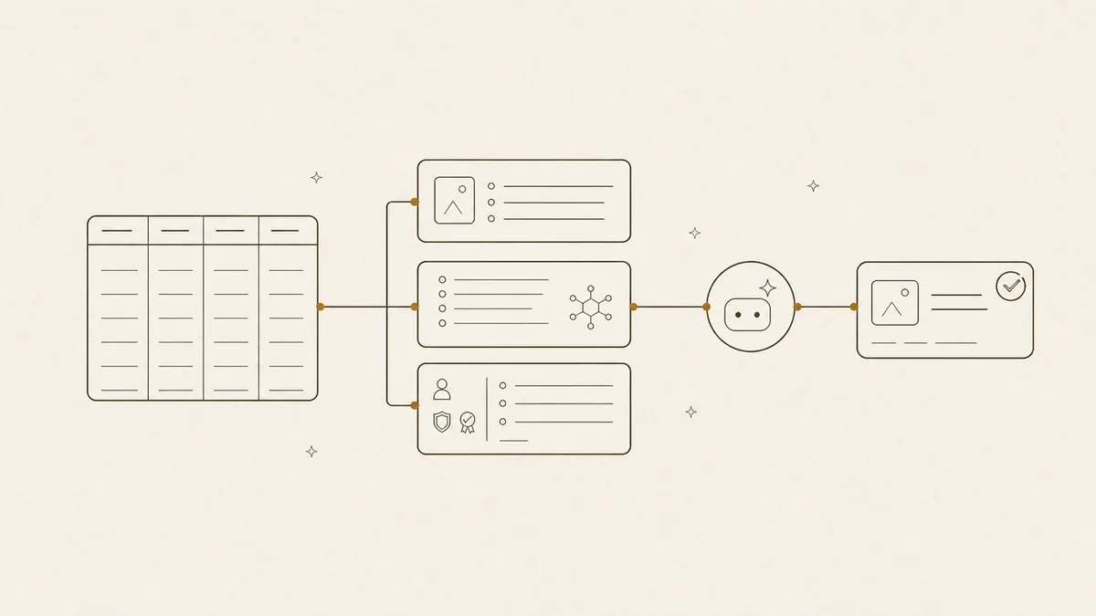 Line illustration of a product feed table flowing through semantic context layers into an AI recommendation output