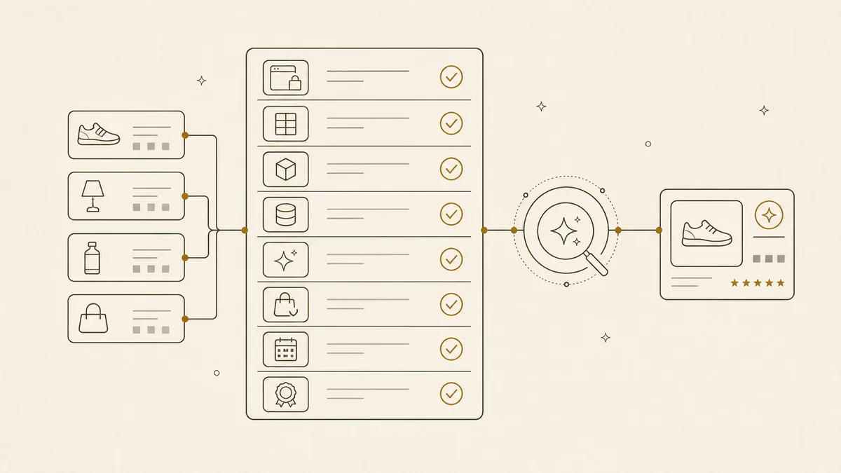 Line illustration of ecommerce product cards feeding a readiness checklist and AI recommendation result
