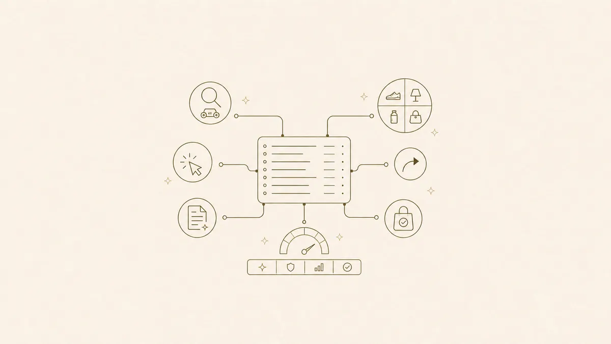 Line illustration of ecommerce AI traffic signals flowing into an analytics log dashboard