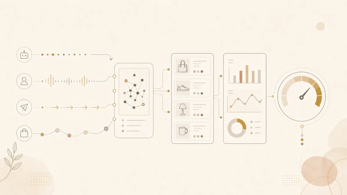Analytics dashboard showing AI traffic moving from crawler signals to Shopify conversion measurement