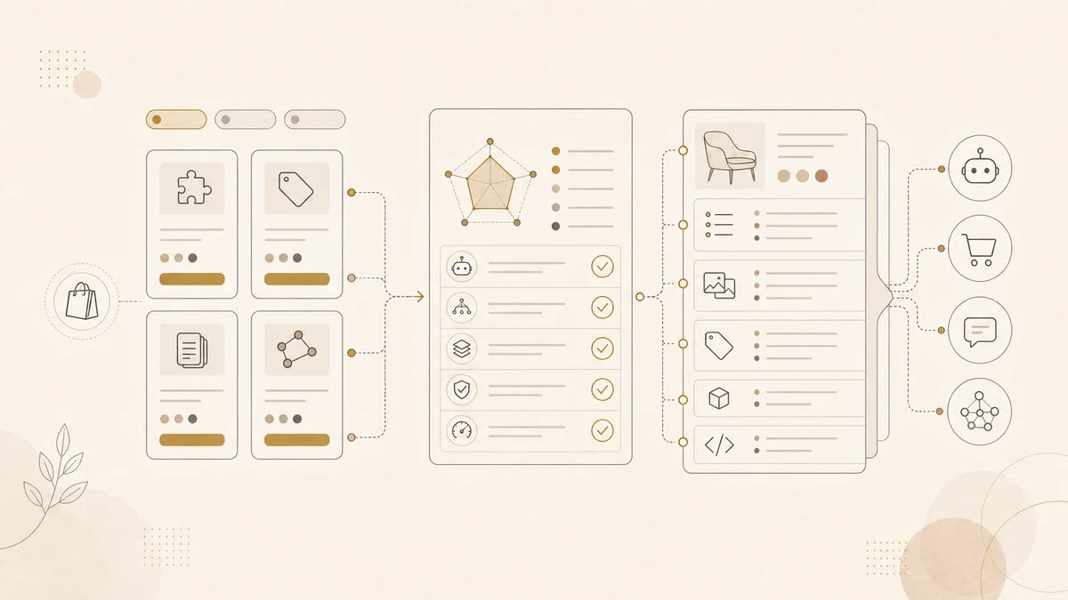 Illustration of a Shopify product page becoming an AI-readable product data layer for AI shopping agents