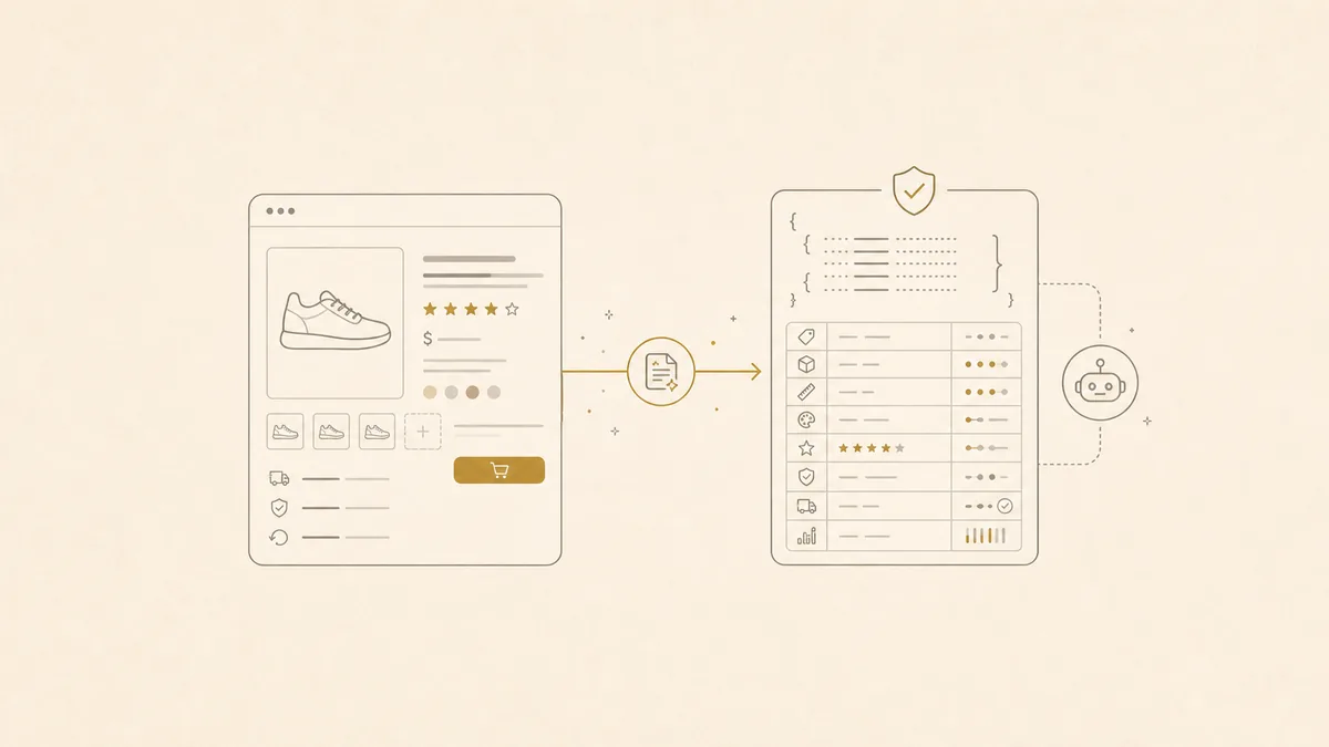 Illustration of a traditional product page transforming into an AI-readable Agentic Page code layer