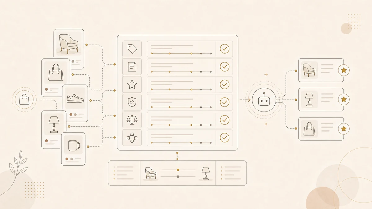 Illustration of a ChatGPT product recommendation readiness audit for Shopify product pages