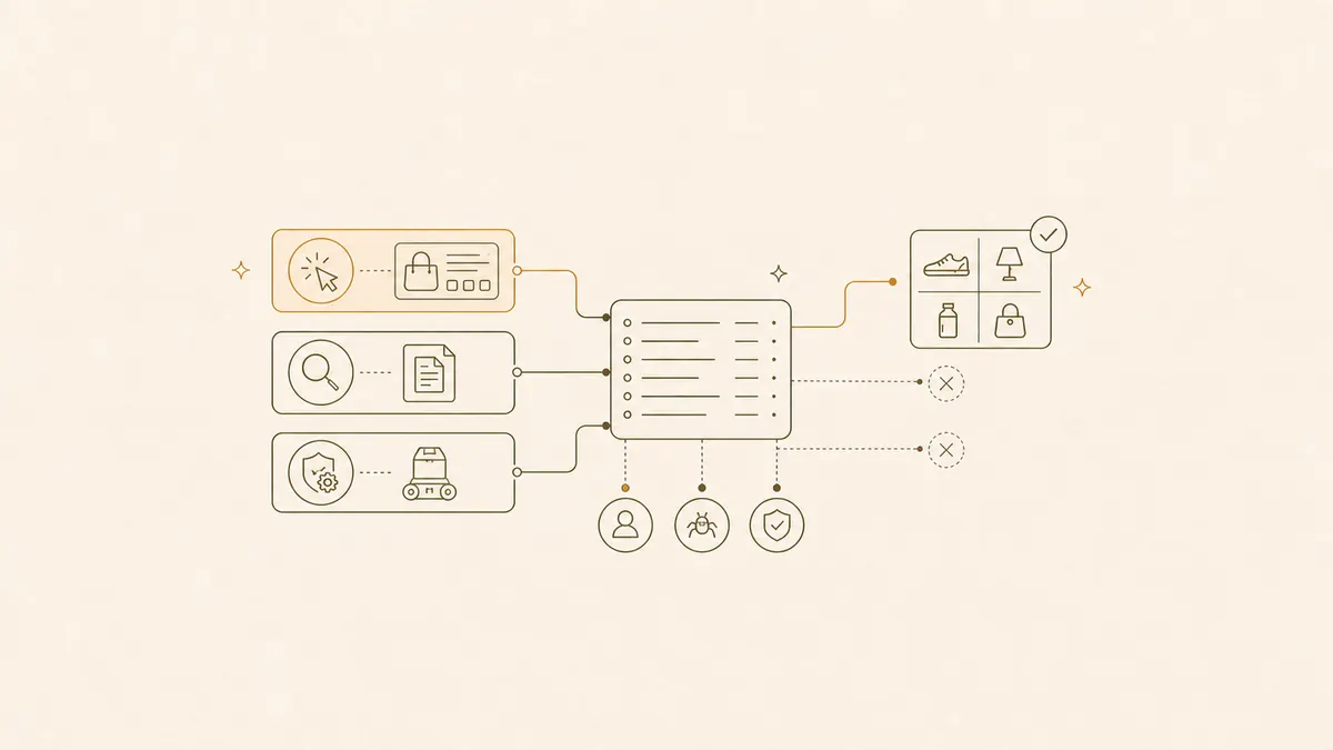 Line illustration of ChatGPT-User, OAI-SearchBot, and GPTBot traffic signals being classified for ecommerce analytics