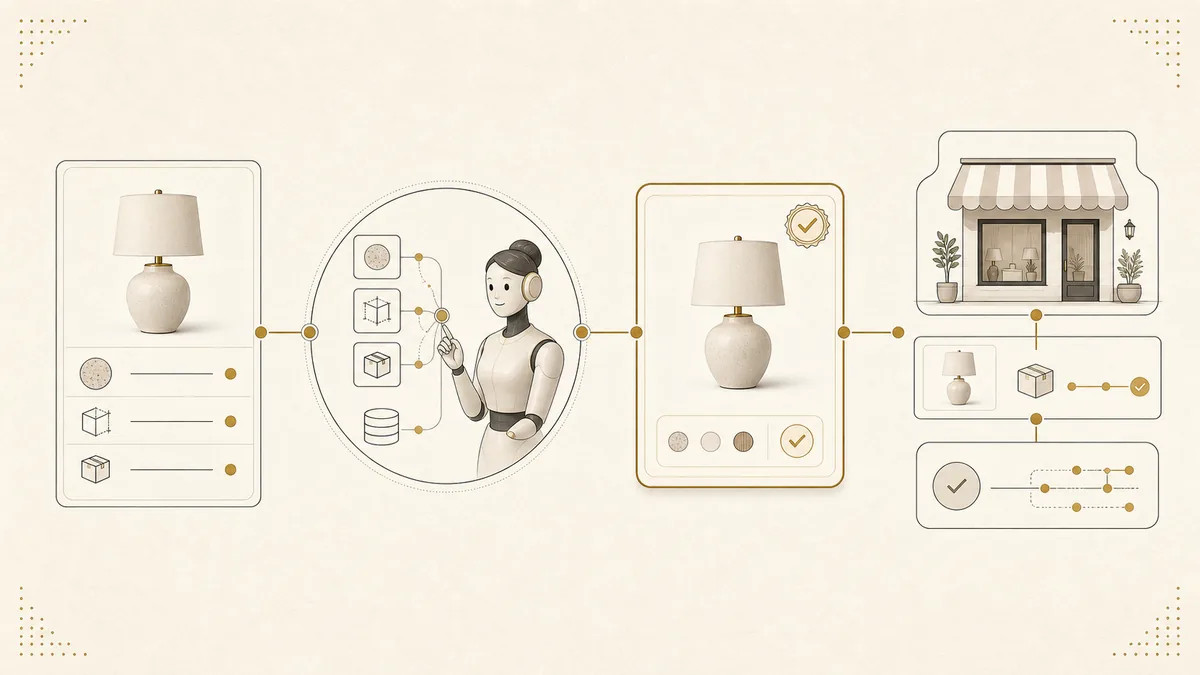 A four-stage path from AI-readable product facts through retrieval and recommendation to an attributed ecommerce order