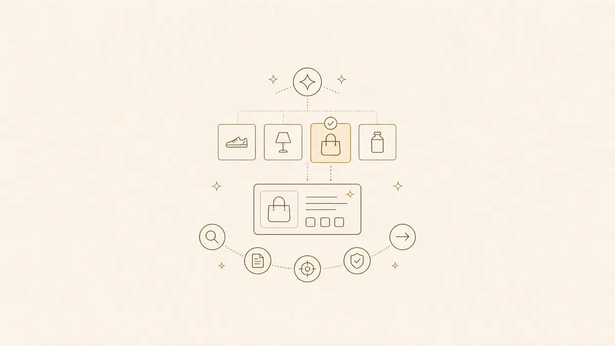 Line illustration of AI shopping agents selecting a recommendation-ready ecommerce product