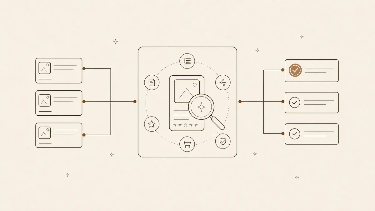 Line illustration of candidate product cards entering an AI evaluation panel and producing a recommended shortlist