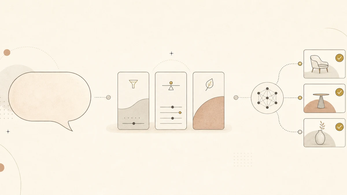 Illustration of a shopper prompt being translated into constraints and matched to Shopify product candidates by an AI shopping agent