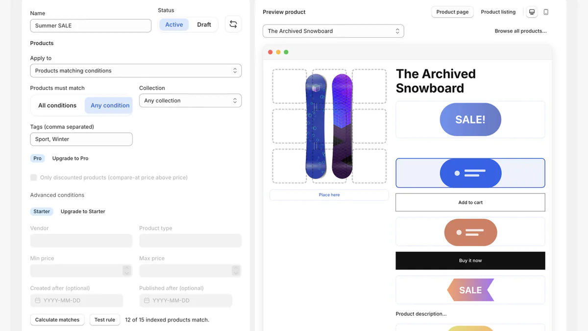 LumenCanvas targeting controls beside a synthetic Shopify product preview with sale labels
