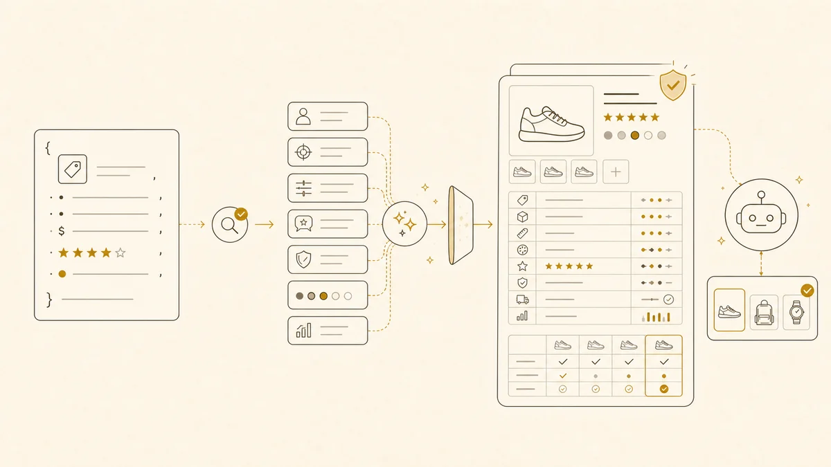Illustration comparing product schema with richer Agentic Pages for AI shopping recommendations