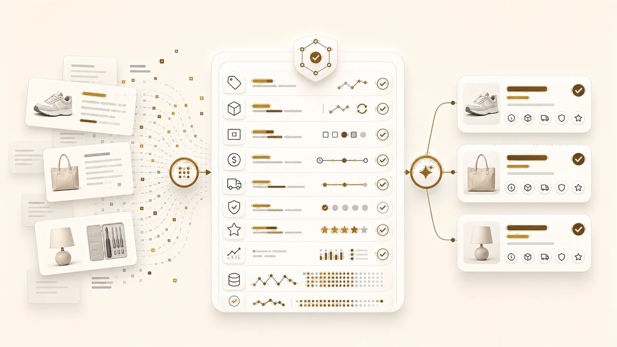 Image 2.0 style illustration of messy product copy transforming into a structured product truth dashboard and AI shopping recommendation cards