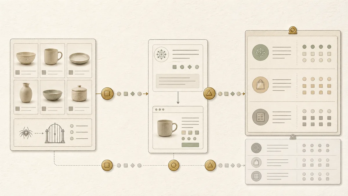 A three-stage flow from a product catalog through an AI answer to a growth team's reporting dashboard