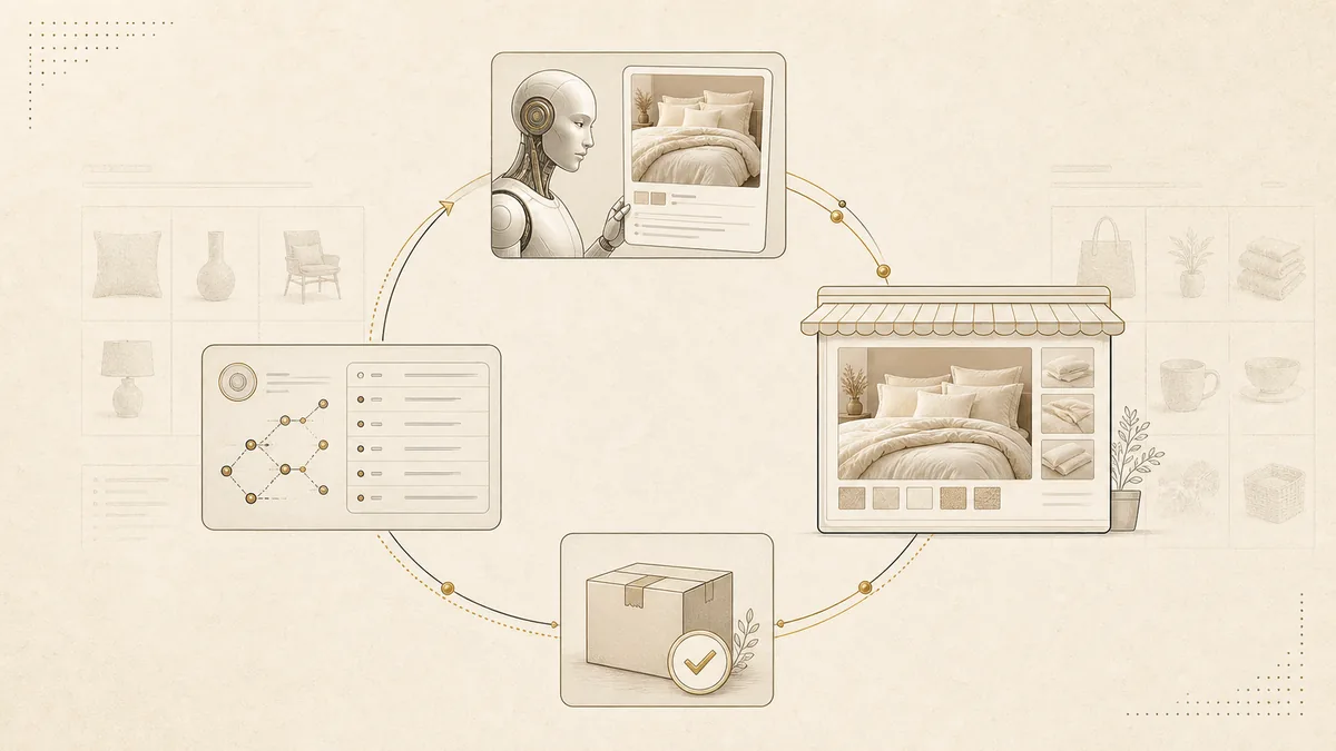 A closed loop linking AI product discovery, a merchant storefront, a completed order, and attributed sales evidence