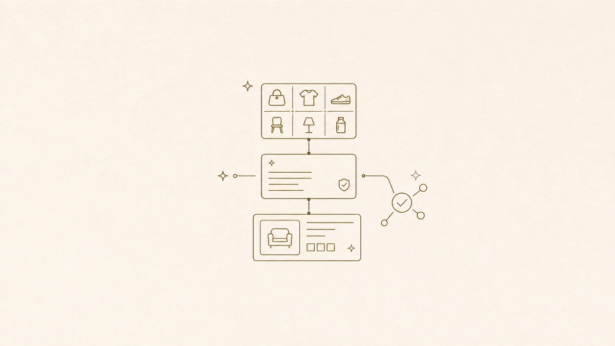 Line illustration of Shopify Catalog, llms.txt, and Agentic Page as three AI commerce layers