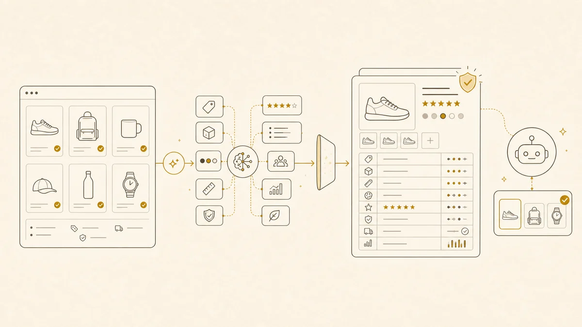 Illustration of a Shopify product catalog becoming an AI-visible product page layer for shopping agents