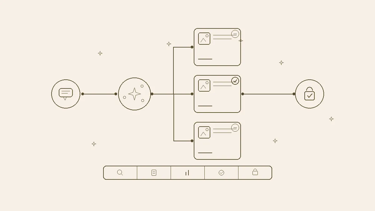 Line illustration of a shopper intent flowing through an AI agent that compares product cards and completes a checkout