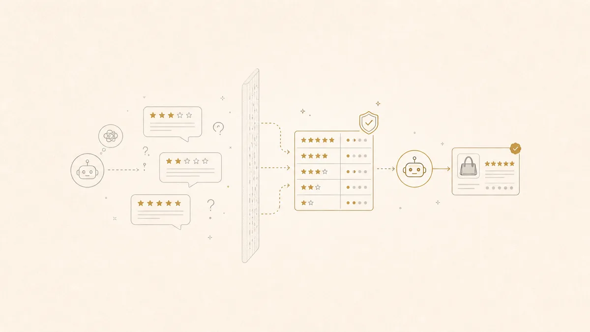 Illustration of a star-rating review widget being read as structured data versus an opaque graphic by an AI agent