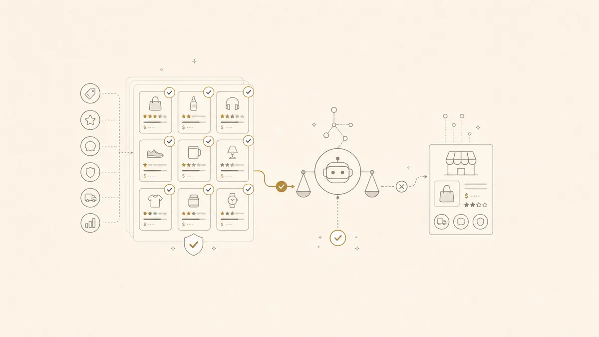 Illustration contrasting a dense marketplace listing with a DTC brand page as an AI agent weighs which it can verify