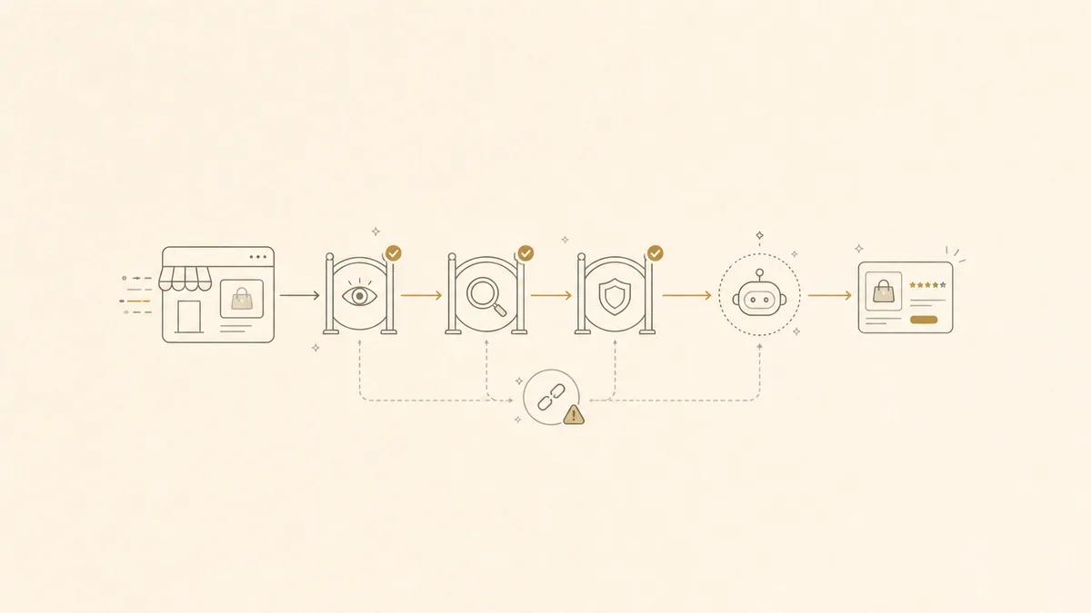 Illustration of a Shopify storefront being read by an AI agent through read, retrieve, and trust gates