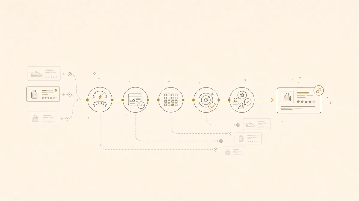 Illustration of Perplexity live-fetching a product page through five citation gates