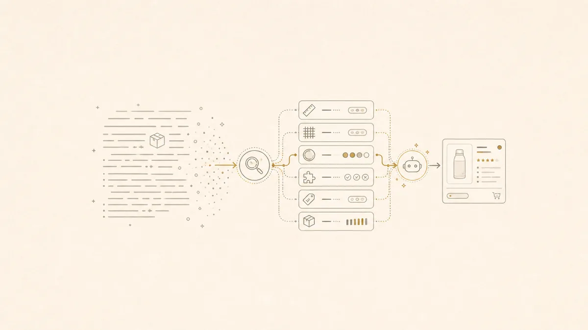 Illustration of product attributes buried in prose versus exposed as structured fields an AI agent can extract