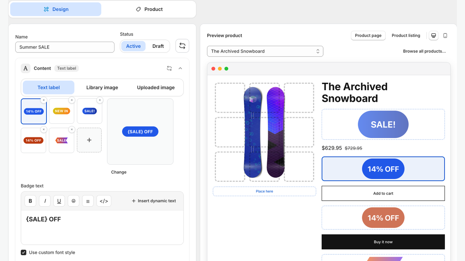 LumenCanvas 标签编辑器，包含徽章控件与 Shopify 商品实时预览